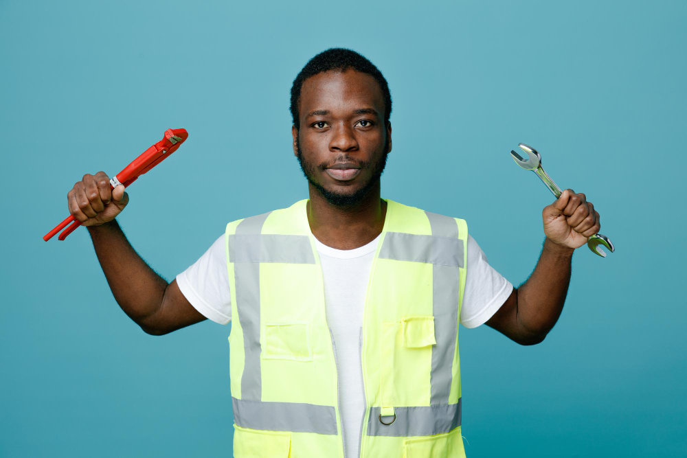 looking-camera-young-african-american-builder-uniform-holding-open-end-wrench-with-gas-wrench-isolated-blue-background